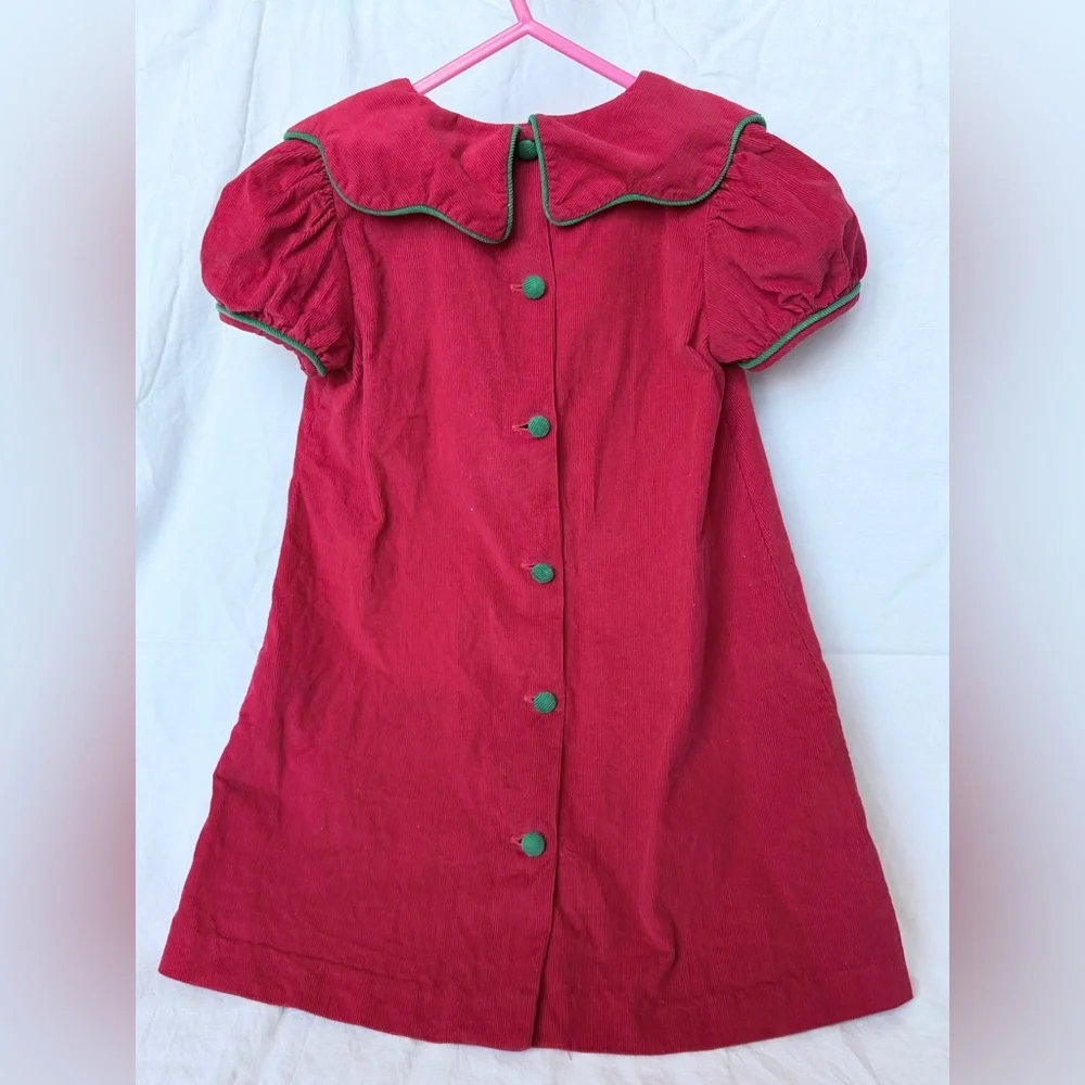 Girls' Red Holiday Corduroy Dress with Green Trim
